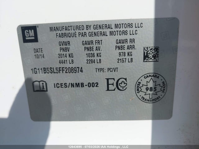 12643695 :رقم المزاد ، 1G11B5SL5FF208974 vin ، 2015 Chevrolet Malibu Ls مزاد بيع