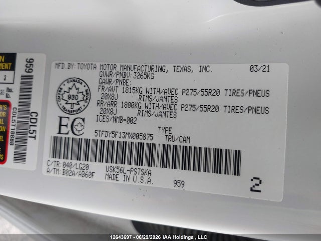 12643697 :رقم المزاد ، 5TFDY5F13MX005875 vin ، 2021 Toyota Tundra Sr5 مزاد بيع