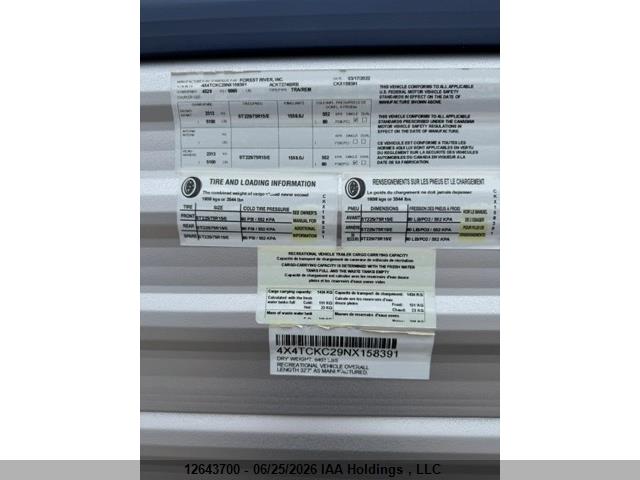 Продаж на аукціоні авто 2022 Forest River Cherokee, vin: 4X4TCKC29NX158391, номер лоту: 12643700