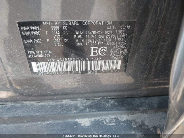 Aukcja sprzedaży 2019 Subaru Outback 3.6r Premium, vin: 4S4BSFDC5K3387040, numer aukcji: 12643701