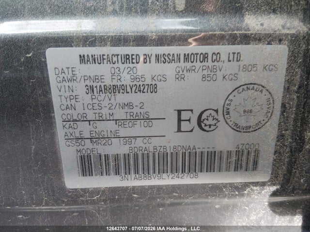 2020 Nissan Sentra S/s Plus მანქანა იყიდება აუქციონზე, vin: 3N1AB8BV9LY242708, აუქციონის ნომერი: 12643707