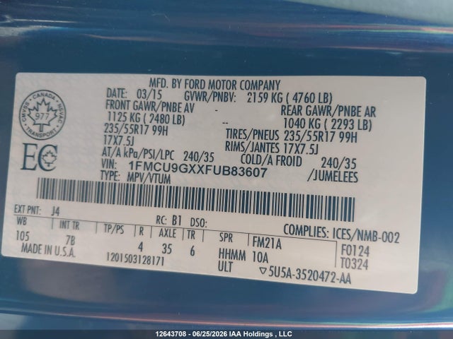 12643708 :رقم المزاد ، 1FMCU9GXXFUB83607 vin ، 2015 Ford Escape Se مزاد بيع