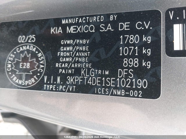12643711 :رقم المزاد ، 3KPFT4DE1SE102190 vin ، 2025 Kia K4 Lx مزاد بيع