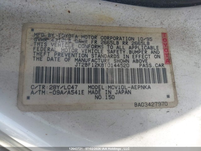 Aukcja sprzedaży 1996 Toyota Camry Le/xle/se, vin: JT2BF12K8T0144520, numer aukcji: 12643721