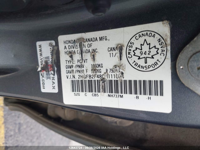 Продажа на аукционе авто 2012 Honda Civic, vin: 2HGFB2F48CH111004, номер лота: 12643724
