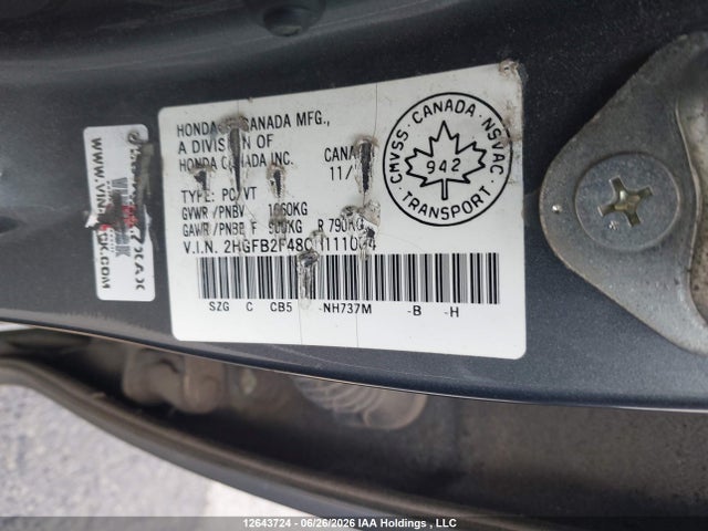 Продажа на аукционе авто 2012 Honda Civic, vin: 2HGFB2F48CH111004, номер лота: 12643724