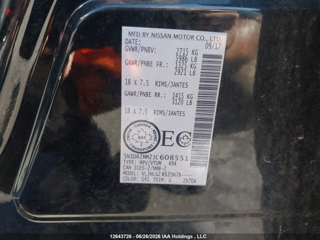 Продажа на аукционе авто 2018 Nissan Pathfinder Midnight Edition/platinum/s/sl Premium/sv Tech, vin: 5N1DR2MM2JC608551, номер лота: 12643726