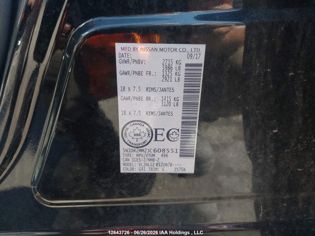 Продажа на аукционе авто 2018 Nissan Pathfinder Midnight Edition/platinum/s/sl Premium/sv Tech, vin: 5N1DR2MM2JC608551, номер лота: 12643726