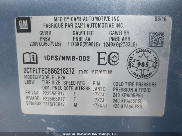 Aukcja sprzedaży 2011 Gmc Terrain Sle-2, vin: 2CTFLTEC8B6218272, numer aukcji: 12643728