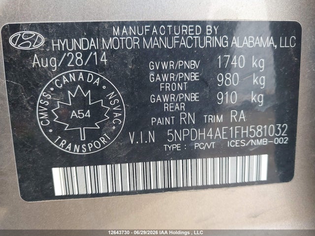 12643730 :رقم المزاد ، 5NPDH4AE1FH581032 vin ، 2015 Hyundai Elantra Se/sport/limited مزاد بيع