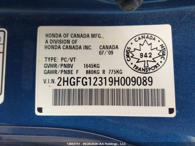 2009 Honda Civic Dx-g მანქანა იყიდება აუქციონზე, vin: 2HGFG12319H009089, აუქციონის ნომერი: 12643741