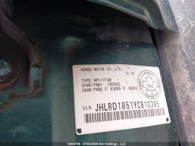 2000 Honda Cr-v მანქანა იყიდება აუქციონზე, vin: JHLRD1851YC810395, აუქციონის ნომერი: 12643746