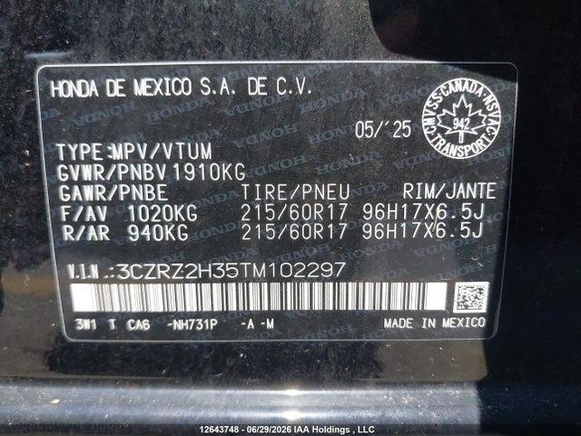 3CZRZ2H35TM102297 Honda Hr-v Lx Awd