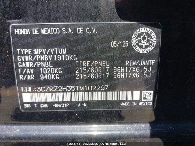 3CZRZ2H35TM102297 Honda Hr-v Lx Awd