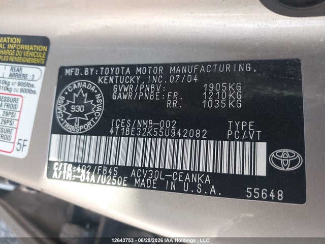 2005 Toyota Camry მანქანა იყიდება აუქციონზე, vin: 4T1BE32K55U942082, აუქციონის ნომერი: 12643753