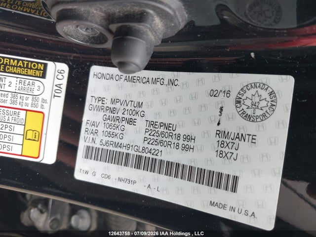 Honda CR-V 2016 5J6RM4H91GL804221 Image 9