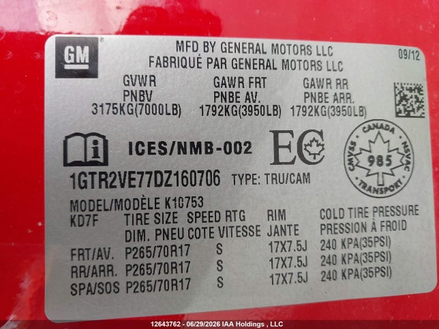 Продажа на аукционе авто 2013 Gmc Sierra K1500 Sle, vin: 1GTR2VE77DZ160706, номер лота: 12643762