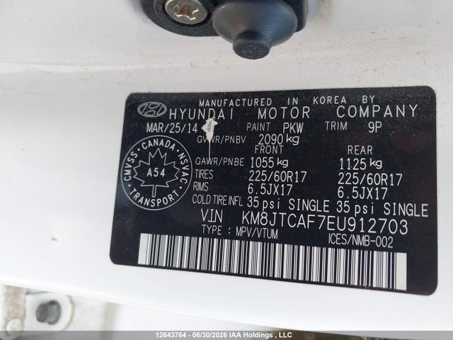 12643764 :رقم المزاد ، KM8JTCAF7EU912703 vin ، 2014 Hyundai Tucson Gl مزاد بيع