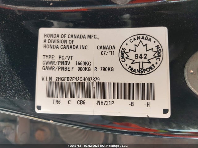Продажа на аукционе авто 2012 Honda Civic, vin: 2HGFB2F42CH007379, номер лота: 12643765