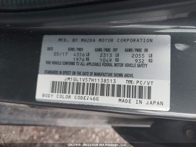 12637919 :رقم المزاد ، JM1GL1V57H1138513 vin ، 2017 Mazda Mazda6 Gs مزاد بيع