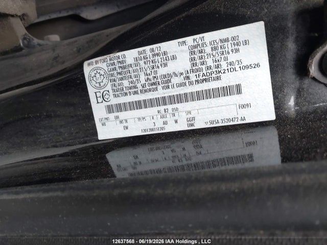 12637568 :رقم المزاد ، 1FADP3K21DL109526 vin ، 2013 Ford Focus Se مزاد بيع