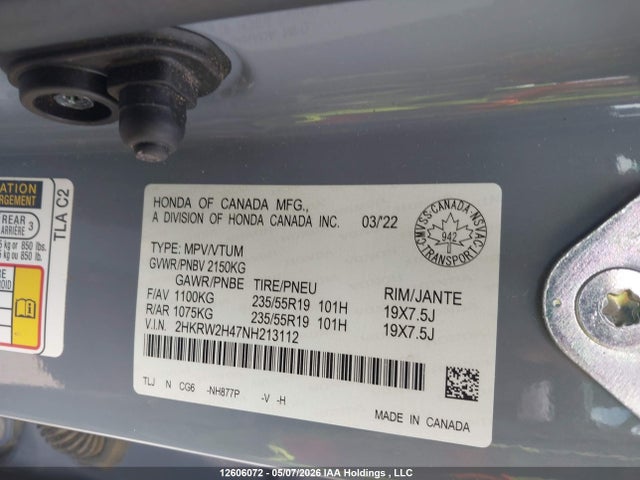 2022 Honda Cr-v Sport მანქანა იყიდება აუქციონზე, vin: 2HKRW2H47NH213112, აუქციონის ნომერი: 12606072