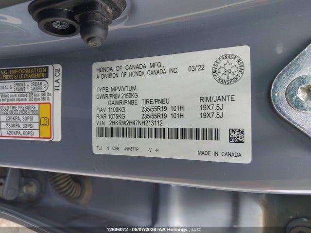 2022 Honda Cr-v Sport მანქანა იყიდება აუქციონზე, vin: 2HKRW2H47NH213112, აუქციონის ნომერი: 12606072