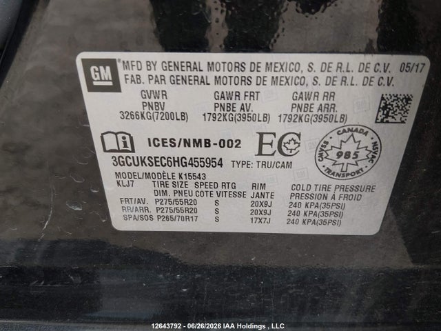 Продаж на аукціоні авто 2017 Chevrolet Silverado 1500 Ltz, vin: 3GCUKSEC6HG455954, номер лоту: 12643792