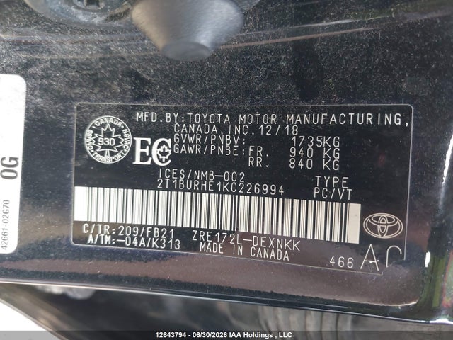 2019 Toyota Corolla L/le/xle/se/xse მანქანა იყიდება აუქციონზე, vin: 2T1BURHE1KC226994, აუქციონის ნომერი: 12643794