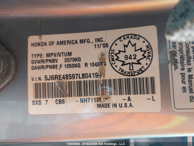 Продаж на аукціоні авто 2007 Honda Cr-v Ex, vin: 5J6RE48597L804199, номер лоту: 12643804