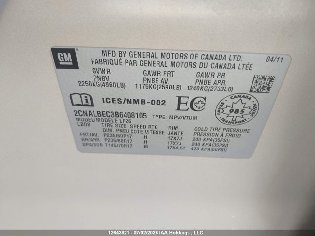Aukcja sprzedaży 2011 Chevrolet Equinox, vin: 2CNALBEC3B6408105, numer aukcji: 12643821