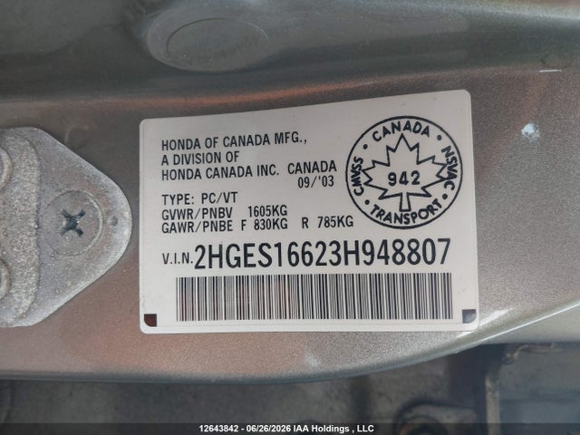 2003 Honda Civic Lx მანქანა იყიდება აუქციონზე, vin: 2HGES16623H948807, აუქციონის ნომერი: 12643842