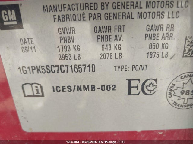 2012 Chevrolet Cruze Eco მანქანა იყიდება აუქციონზე, vin: 1G1PK5SC7C7165710, აუქციონის ნომერი: 12643864