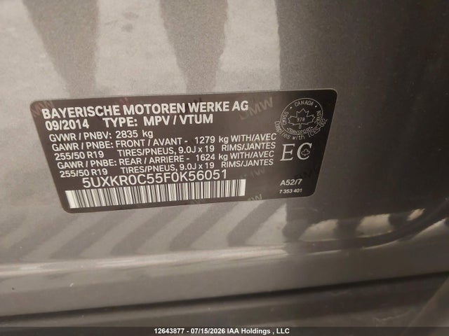 12643877 :رقم المزاد ، 5UXKR0C55F0K56051 vin ، 2015 Bmw X5 Xdrive35i مزاد بيع