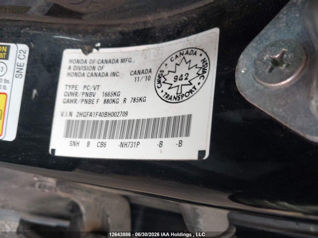 2011 Honda Civic მანქანა იყიდება აუქციონზე, vin: 2HGFA1F40BH002709, აუქციონის ნომერი: 12643886
