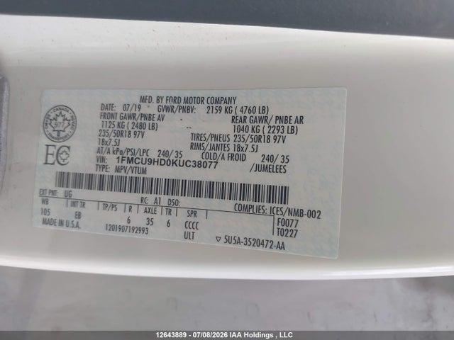 Ford ESCAPE SEL 2019 1FMCU9HD0KUC38077 Image 9