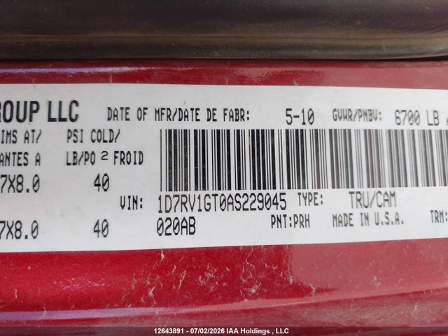 Продаж на аукціоні авто 2010 Dodge Ram 1500, vin: 1D7RV1GT0AS229045, номер лоту: 12643891
