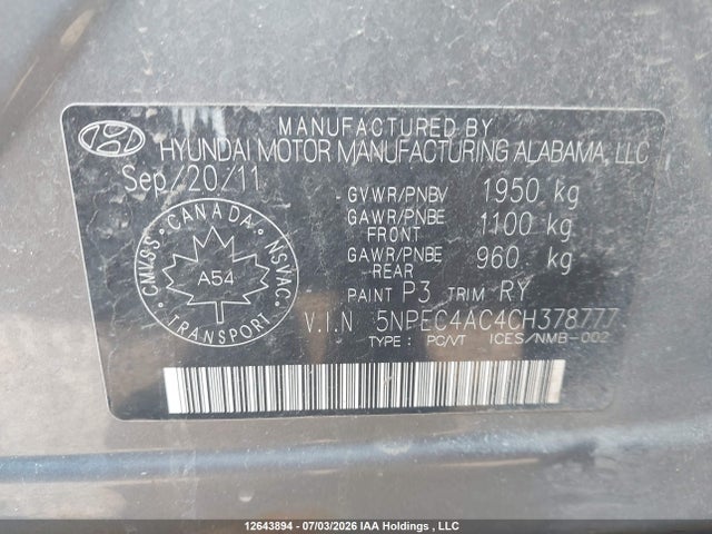 12643894 :رقم المزاد ، 5NPEC4AC4CH378777 vin ، 2012 Hyundai Sonata Limited مزاد بيع