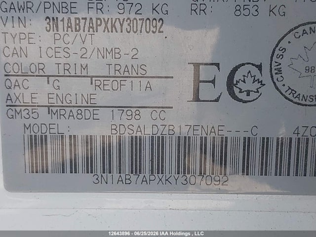 Продажа на аукционе авто 2019 Nissan Sentra S/sv/sr/sl, vin: 3N1AB7APXKY307092, номер лота: 12643896