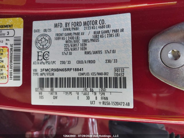2025 Ford Bronco Sport Big Bend მანქანა იყიდება აუქციონზე, vin: 3FMCR9BN6SRF18841, აუქციონის ნომერი: 12643900