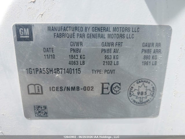 Продажа на аукционе авто 2011 Chevrolet Cruze Ls, vin: 1G1PA5SH4B7140115, номер лота: 12643902