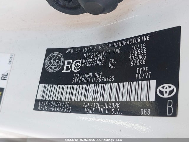 Продаж на аукціоні авто 2020 Toyota Corolla L, vin: 5YFBPRBE4LP078485, номер лоту: 12643912