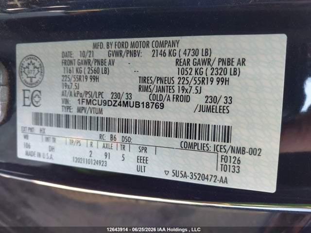 Aukcja sprzedaży 2021 Ford Escape Titanium, vin: 1FMCU9DZ4MUB18769, numer aukcji: 12643914