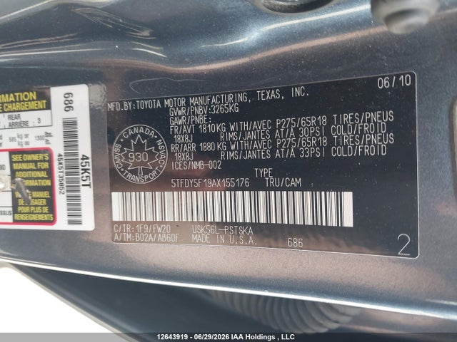 Продажа на аукционе авто 2010 Toyota Tundra Crewmax Sr5, vin: 5TFDY5F19AX155176, номер лота: 12643919