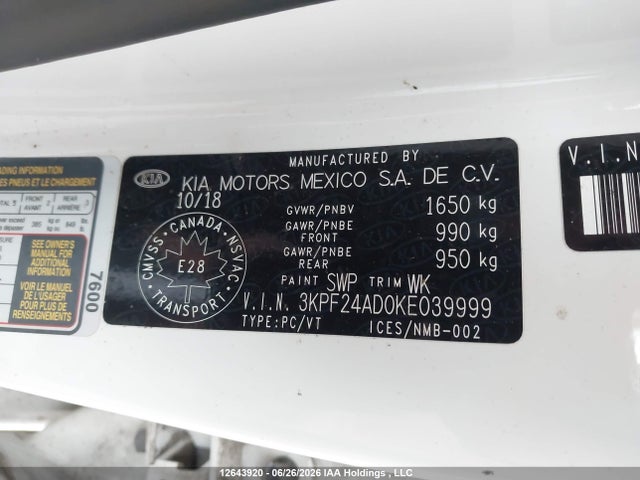 2019 Kia Forte Fe/lx/lxs მანქანა იყიდება აუქციონზე, vin: 3KPF24AD0KE039999, აუქციონის ნომერი: 12643920