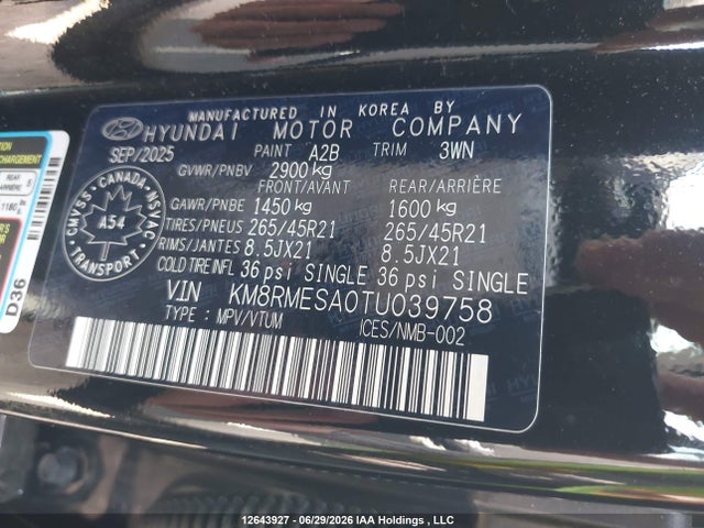 12643927 :رقم المزاد ، KM8RMESA0TU039758 vin ، 2026 Hyundai Palisade Hybrid Nhl Special Edition/ultimate Calligraphy Hybrid مزاد بيع