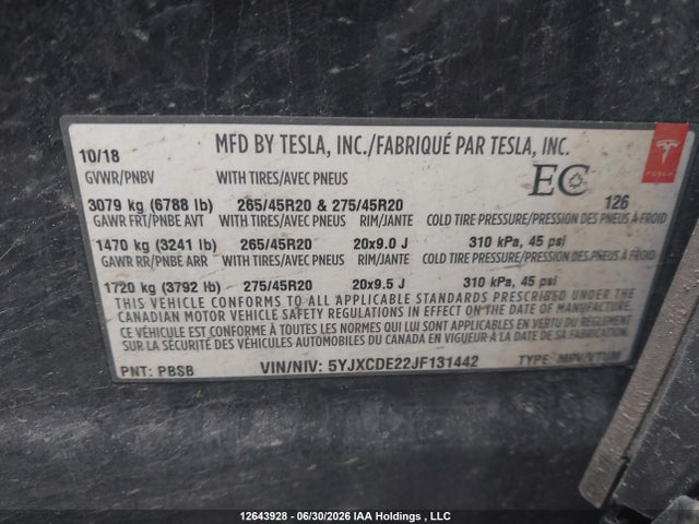 Tesla Model X 100d/75d/p100d 2018 5YJXCDE22JF131442 Image 9