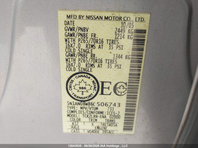 Aukcja sprzedaży 2006 Nissan Xterra Off Road/s/se, vin: 5N1AN08W86C506743, numer aukcji: 12643938