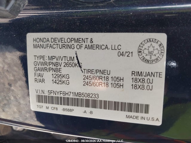 2021 Honda Pilot Ex-l Navi მანქანა იყიდება აუქციონზე, vin: 5FNYF6H71MB508233, აუქციონის ნომერი: 12643943
