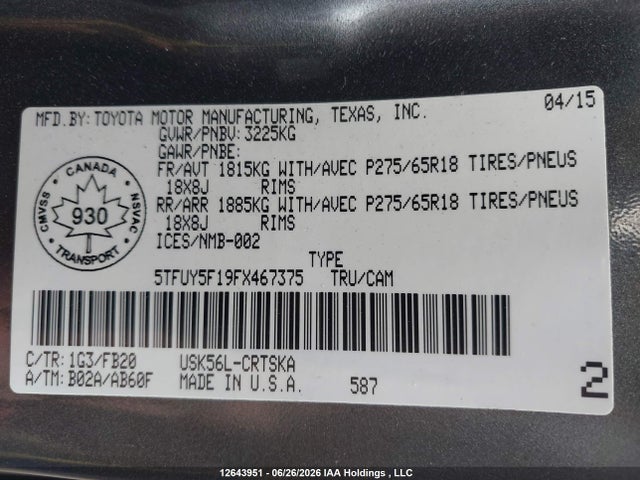 Продажа на аукционе авто 2015 Toyota Tundra Sr 5.7l V8, vin: 5TFUY5F19FX467375, номер лота: 12643951
